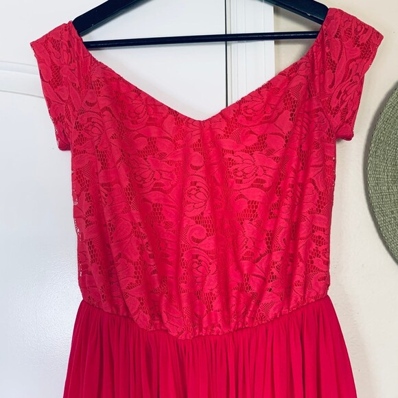 ASOS Barbie Pink Mesh Lace Off-the-Shoulder Fit & Flare Mini Dress | Size: 6/S - Picture 3 of 9